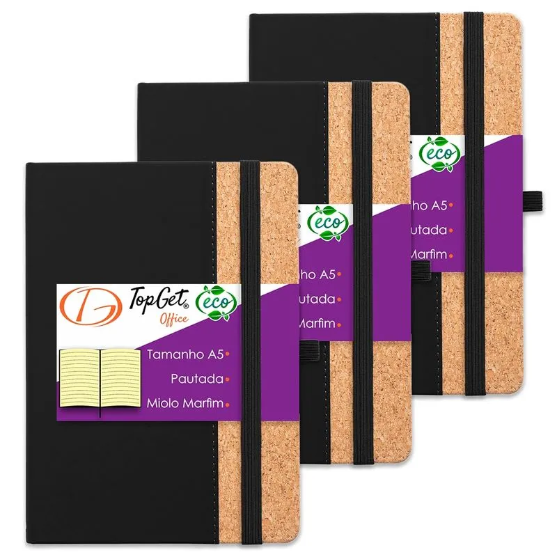 Kit 3x Caderneta Eco Line 14x21cm 96 Fls Pautadas Preto