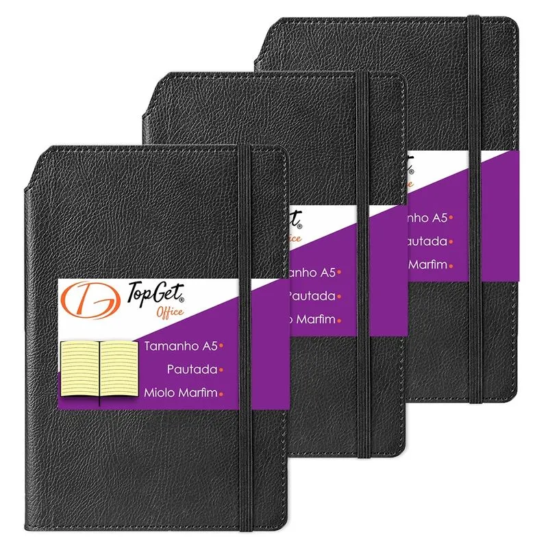 Kit 3x Caderneta Smart 14x21cm 96 Fls Pautadas Preto