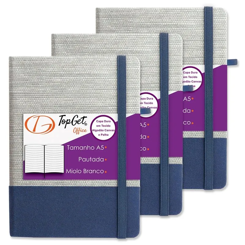Kit 3x Caderneta Elegance 14x21cm 96 Fls Pautadas Azul