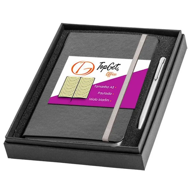 Caderneta 14X21Cm A5 80 Fls Pautadas E Caneta Topget - Cinza