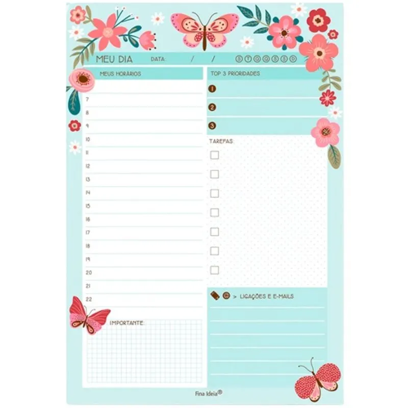 Bloco planner tarefas do Dia Fina Ideia Modelo Borboletas