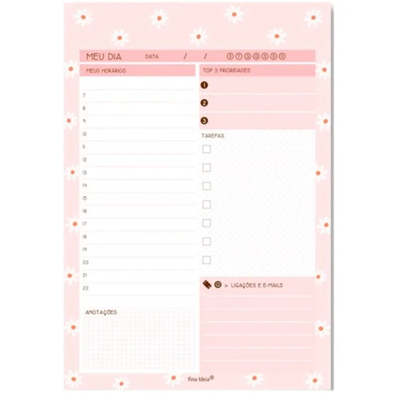 Bloco planner tarefas do Dia Fina Ideia Modelo Margaridas