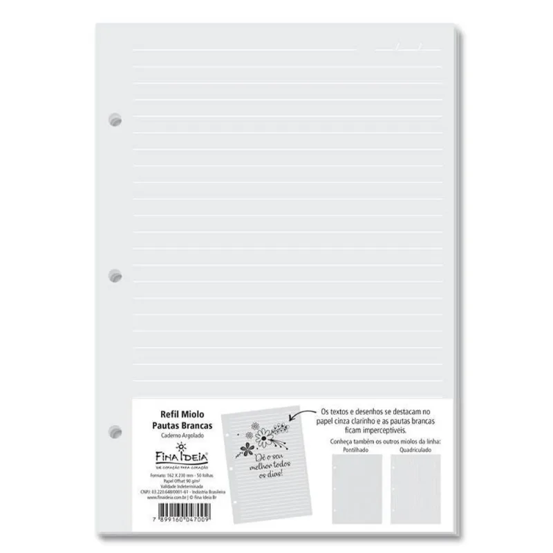 Refil Caderno Argolado - Fina Ideia - Miolo Pautas Brancas