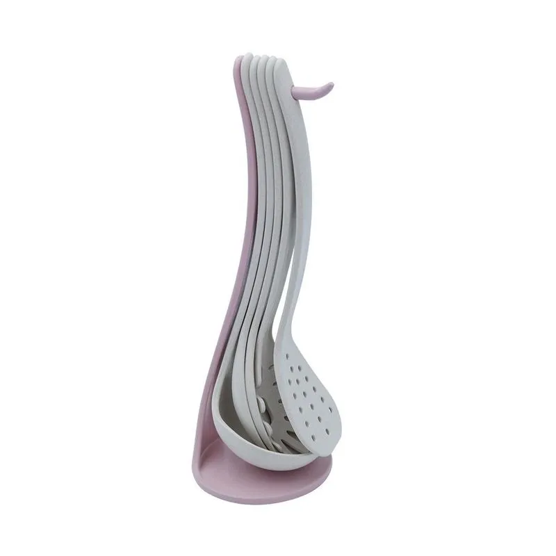 Kit Utensílios De Cozinha 5 Peças Mais Suporte - Rosa Bebe