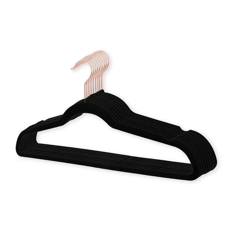 10 Cabide Veludo Preto Slim Gancho Cobre Topen Home