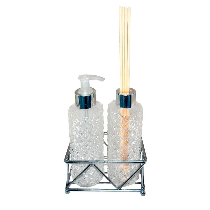 Conjunto Saboneteira E Difusor Diamante Vidro Topen Home