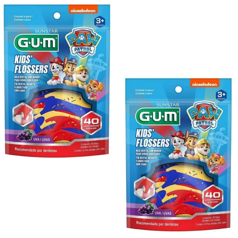 2 Fio Dental Infantil C Haste Flosser - Patrulha Canina Gum