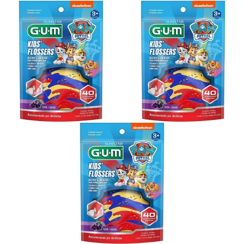 3 Fio Dental Infantil C Haste Flosser - Patrulha Canina Gum