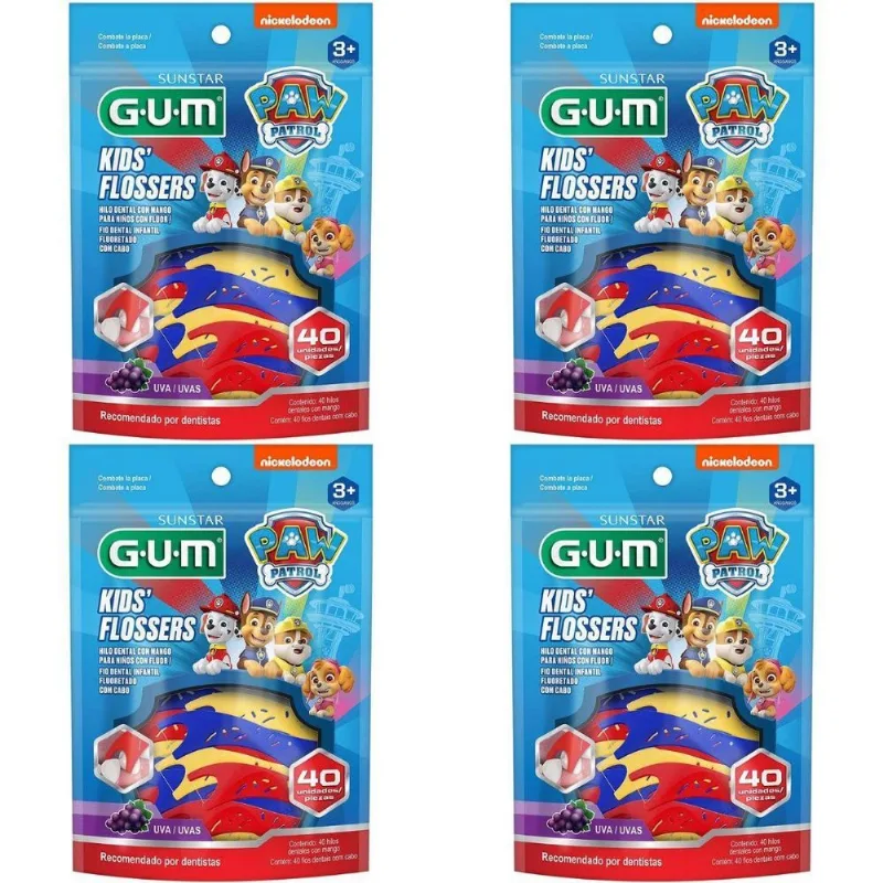 4 Fio Dental Infantil C Haste Flosser - Patrulha Canina Gum