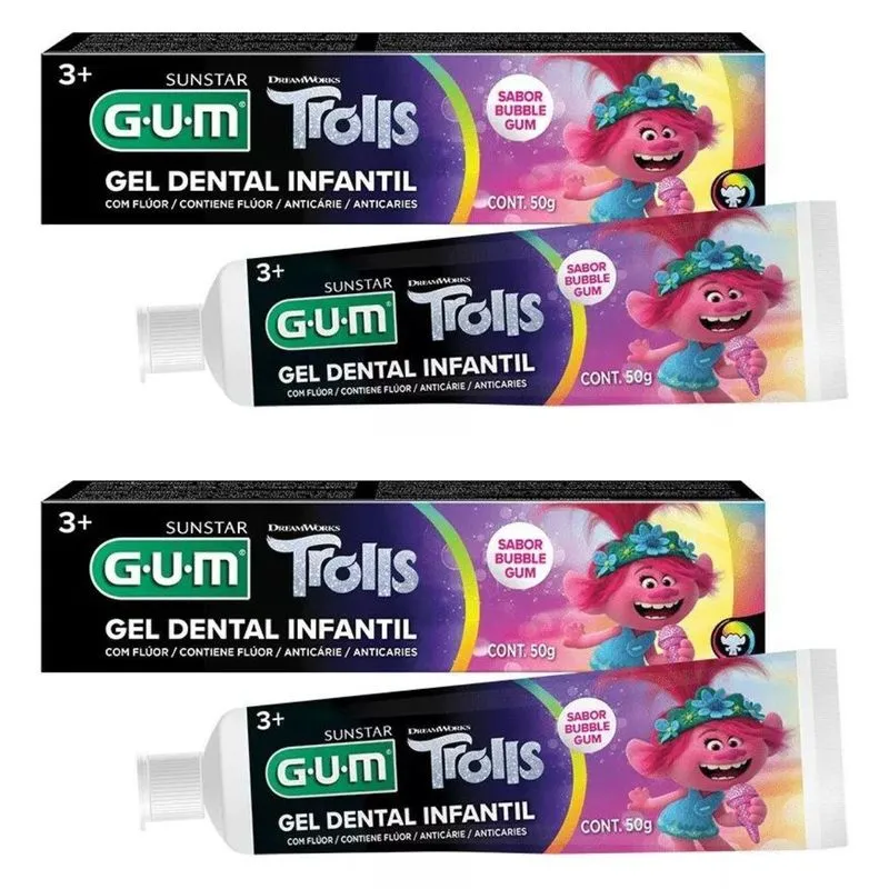 2 Gel Dental Infantil Trolls 50g - Com Fluor - Gum