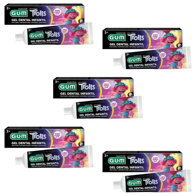 5 Gel Dental Infantil Trolls 50g - Com Fluor - Gum