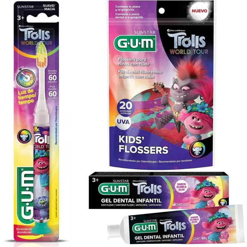 Escova Dental Pisca + Gel Dental + Fio Dental - Trolls - Gum