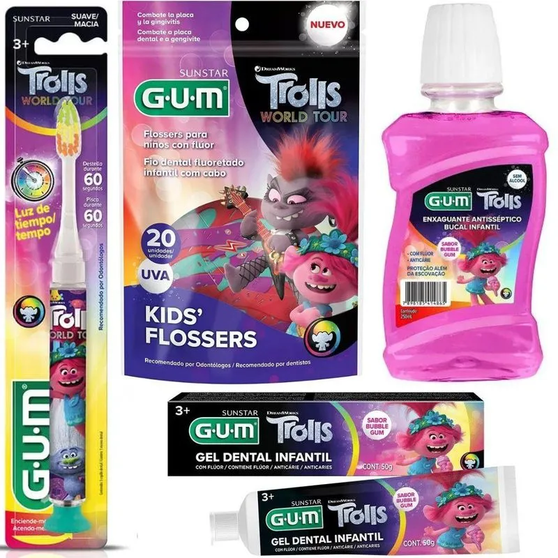 Escova Dental + Gel Dental + Fio Dental + Enxaguante -trolls