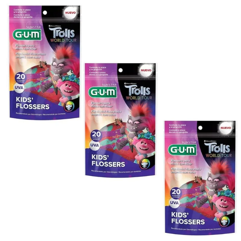 3 Fio Dental Infantil Com Cabo Flosser - Trolls - 20un - Gum