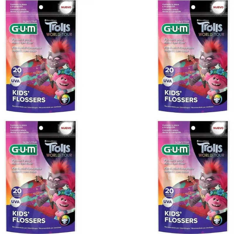 4 Fio Dental Infantil Com Cabo Flosser - Trolls - 20un - Gum