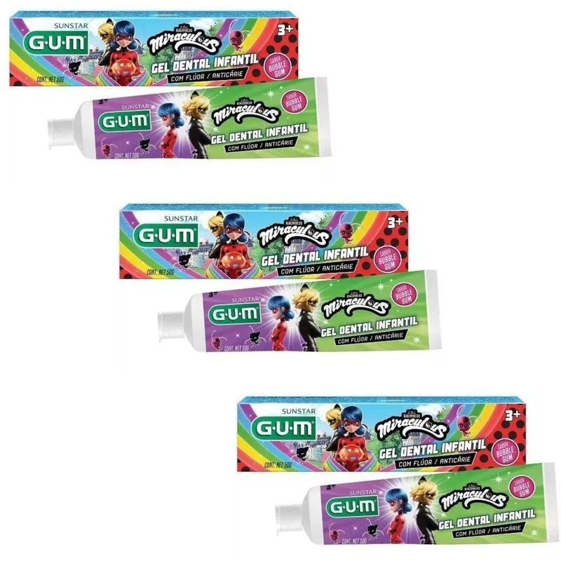 3 Gel Dental Miraculous Lady Bug - Com Fluor - 50g - Gum