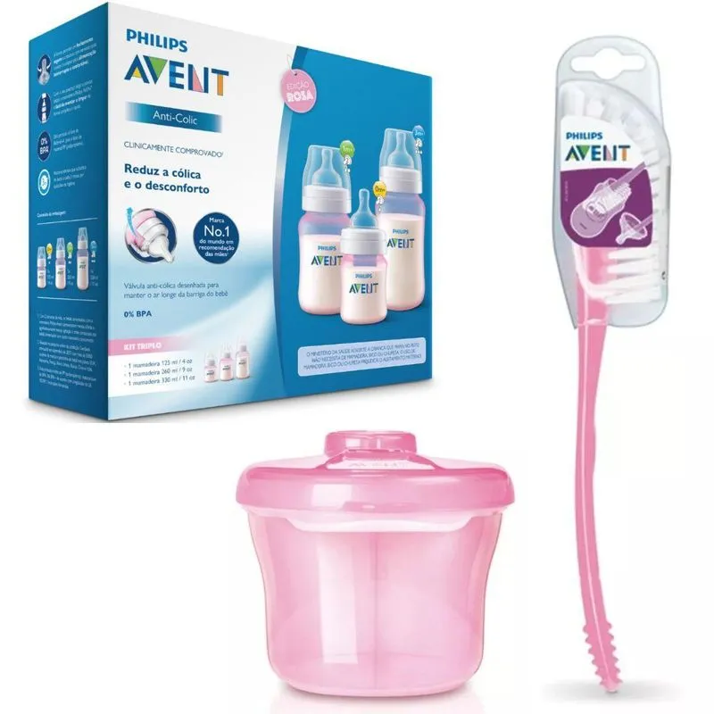 Trio Mamadeira Classic + Dosador + Escova Rosa Philips Avent