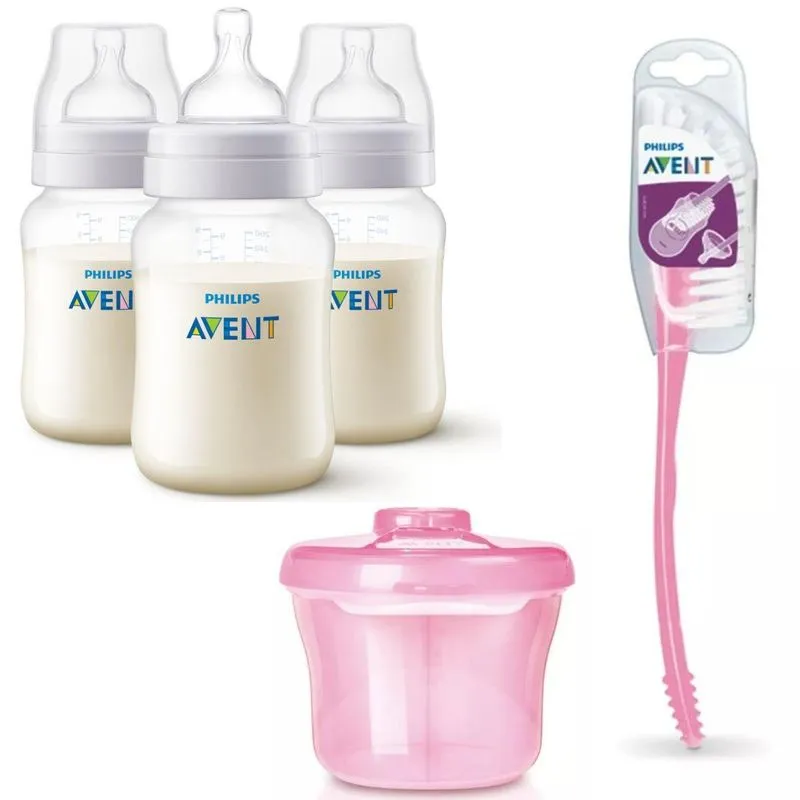 3 Mamadeiras Anti-colic 260m + Dosador + Escova Rosa - Avent
