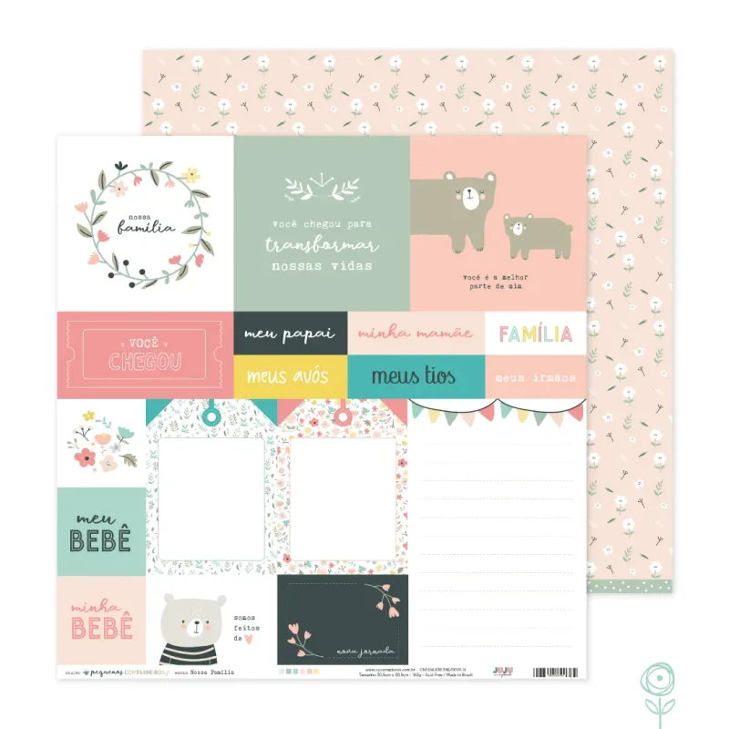 Papel para Scrapbook Nossa Família - Coleção Pequenos Companheiros | JuJu Scrapbook
