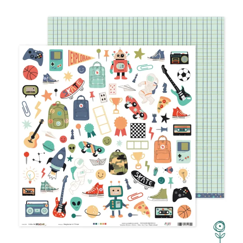 Papel para Scrapbook Explorar é Viver - Coleção Vida de Menino