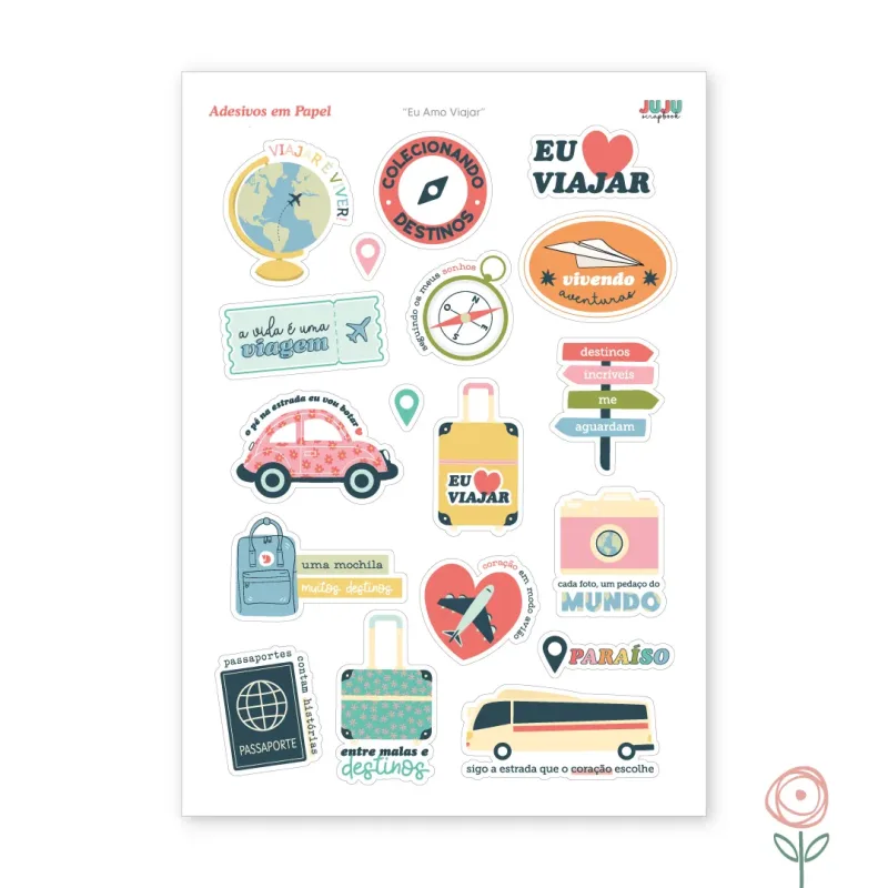 Adesivos em papel Eu amo Viajar - JuJu Scrapbook