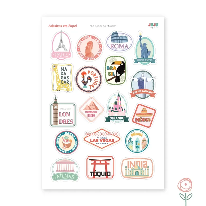 Adesivos em papel Ao Redor do Mundo - JuJu Scrapbook