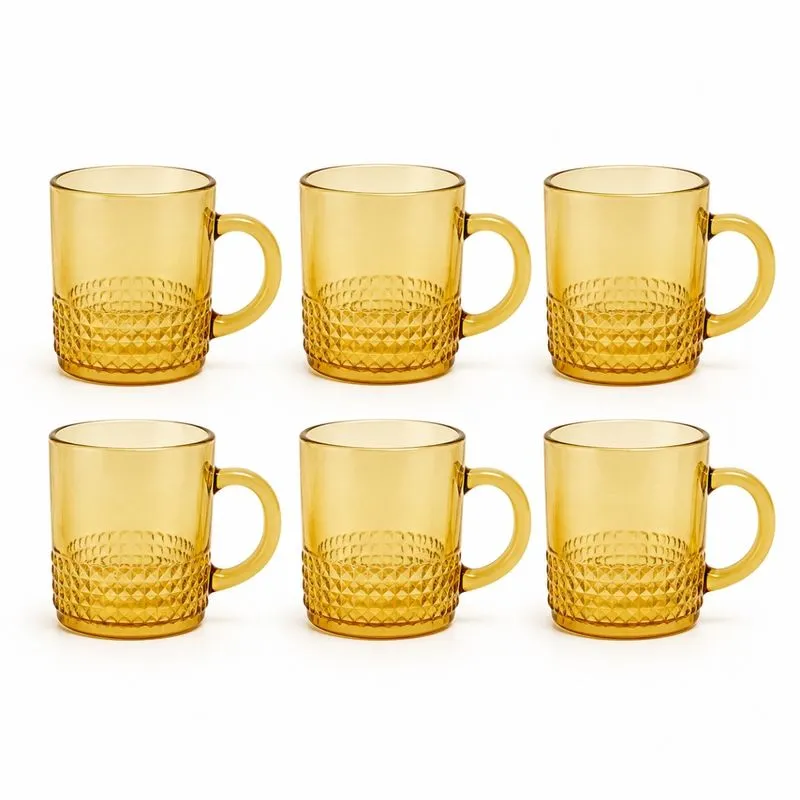 JOGO 6 CANECAS CRISPY PÉROLA DE VIDRO ÂMBAR COM RELEVO PARA CAFÉ E CHÁ