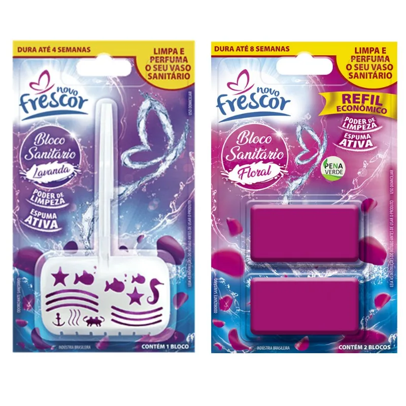 Pastilha Bloco Sanitário 30g Com Suporte + Refil Detergente Com 2 Blocos Reposição Novo Frescor