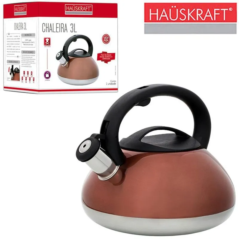 Chaleira De Inox Metalizado Rose Gold Com Apito Hauskraft 3l