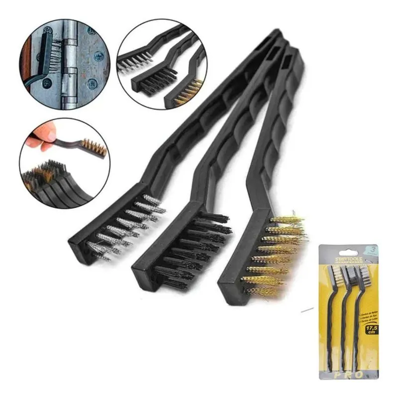 Kit 3 Escovas Cerdas Aço Nylon E Latão Multiuso Limpeza