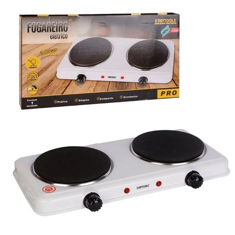 Fogareiro Elétrico Cooktop Fogão Elétrico Portátil 2 Bocas Com Temperatura Ajustável Branco, Preto