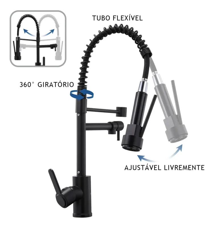 TORNEIRA INOX PRETA PREMIUM C/DUCHA EXTENSIVEL P/COZINHA DE MESA CX4