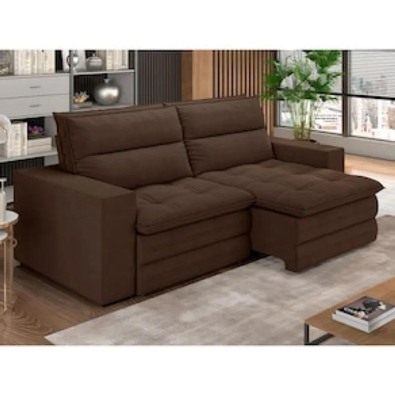 Sofá 4 Lugares Luizzi Colombo Retrátil e Reclinável, Revestido em Tecido Veludo Slim - 230cm largura Marrom