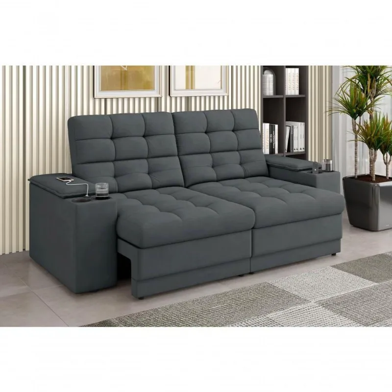 Sofá Confort Premium 2,05m Assento Retrátil-reclinável Porta Copos E Usb Suede Cinza - Xflex Sofas