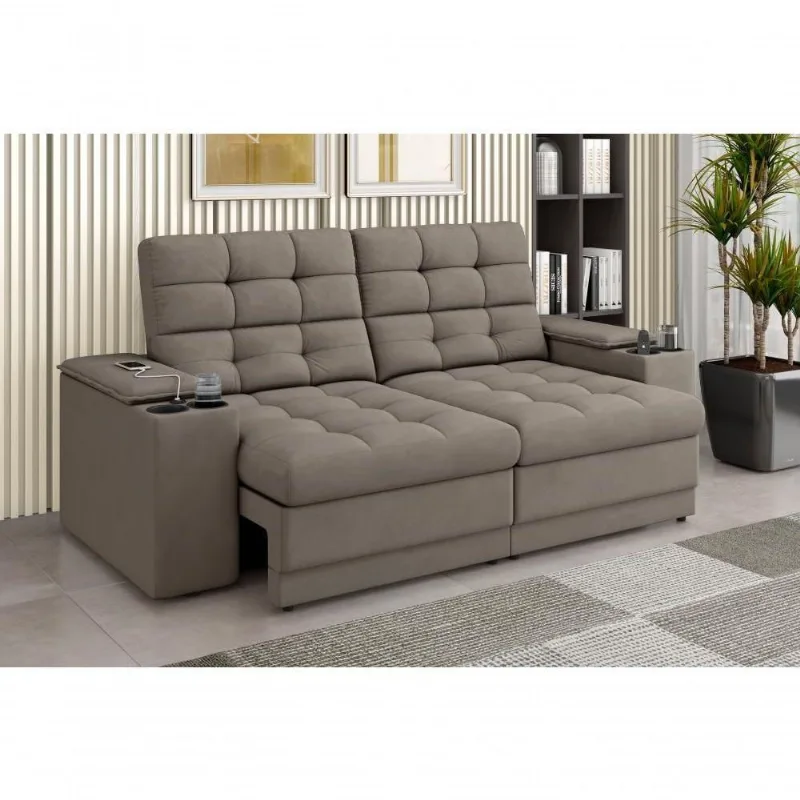 Sofá Confort Premium 2,05m Assento Retrátil/reclinável Porta Copos E Usb Suede Capuccino - Xflex Sofas