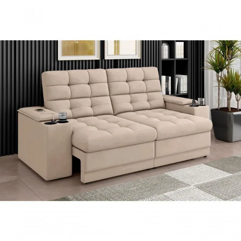 Sofá Confort Premium 1,70m Assento Retrátil-reclinável Porta Copos E Usb Suede Areia - Xflex Sofas