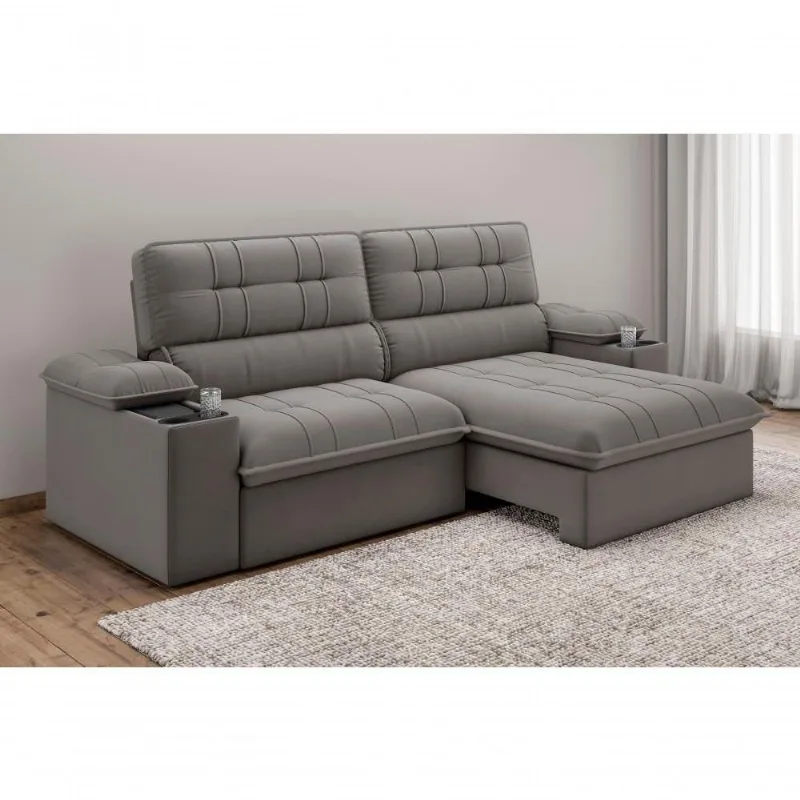 Sofá Stylus 2,10m Retrátil-reclinável Com Porta Copos E Cooler Suede Cinza - Xflex Sofás