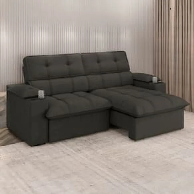 Sofá 4 Lugares Luizzi Liverpool Slim com Assento Retrátil e Reclinável, Revestido em Suede - 240cm de Largura Marrom
