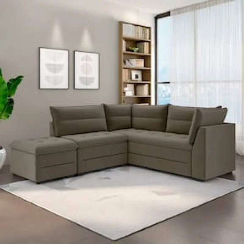 Sofá Modular de Canto 4 Lugares Luizzi Quebec com Pufe e Revestimento em Suede – 408cm de Largura Bege