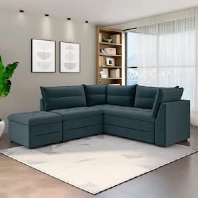 Sofá Modular de Canto 4 Lugares Luizzi Quebec com Pufe e Revestimento em Suede – 408cm de Largura Azul Petróleo