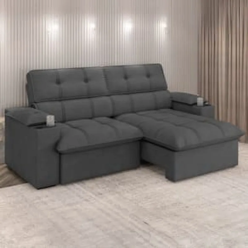 Sofá 3 Lugares Luizzi Liverpool Slim com Assento Retrátil e Reclinável, Revestido em Suede - 210cm de Largura Cinza