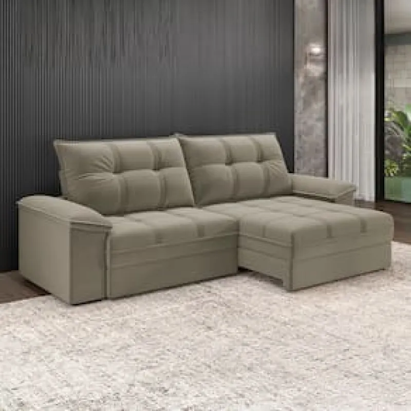 Sofá 4 Lugares Luizzi Besthouse Califórnia Slim Soft com Assento Retrátil e Reclinável, Revestido em Suede - 260cm de Largura Bege