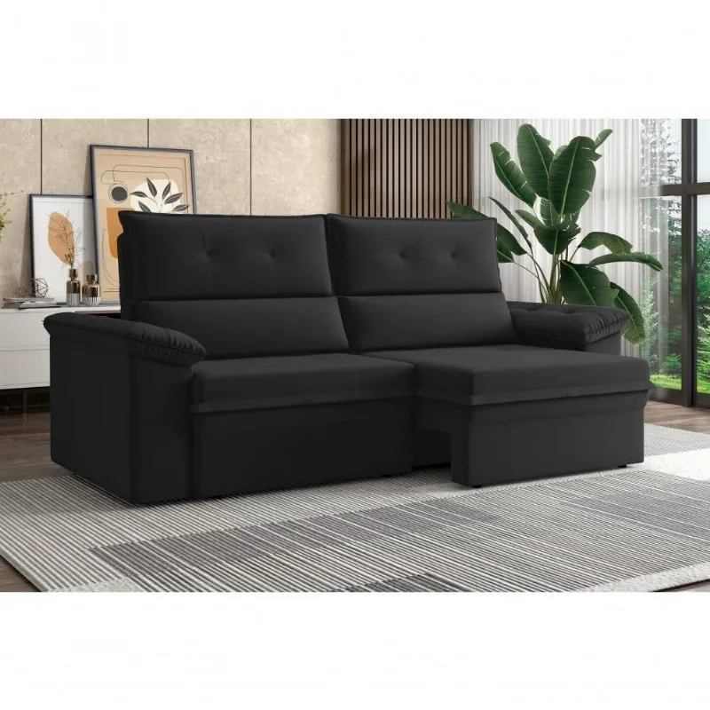 Sofá com Chaise Aspen 2 Lugares Retrátil e Reclinável 180CM Preto Xflex Sofás