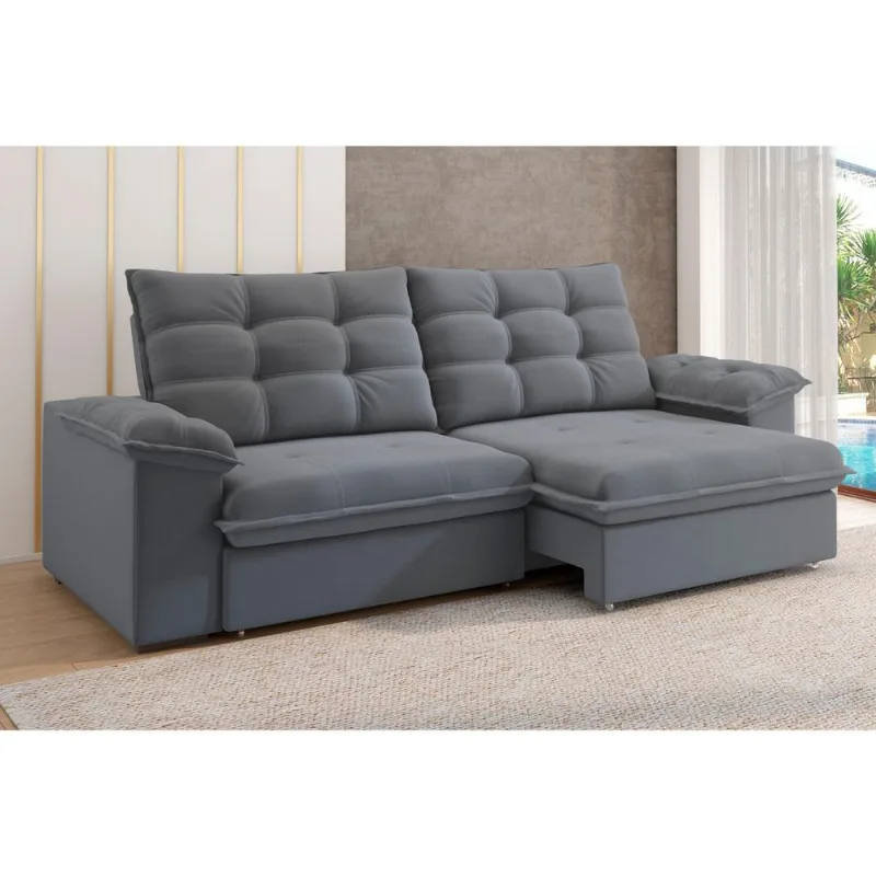 Sofá 4 Lugares Luizzi Puglia 230cm Retrátil Reclinável Veludo Cinza