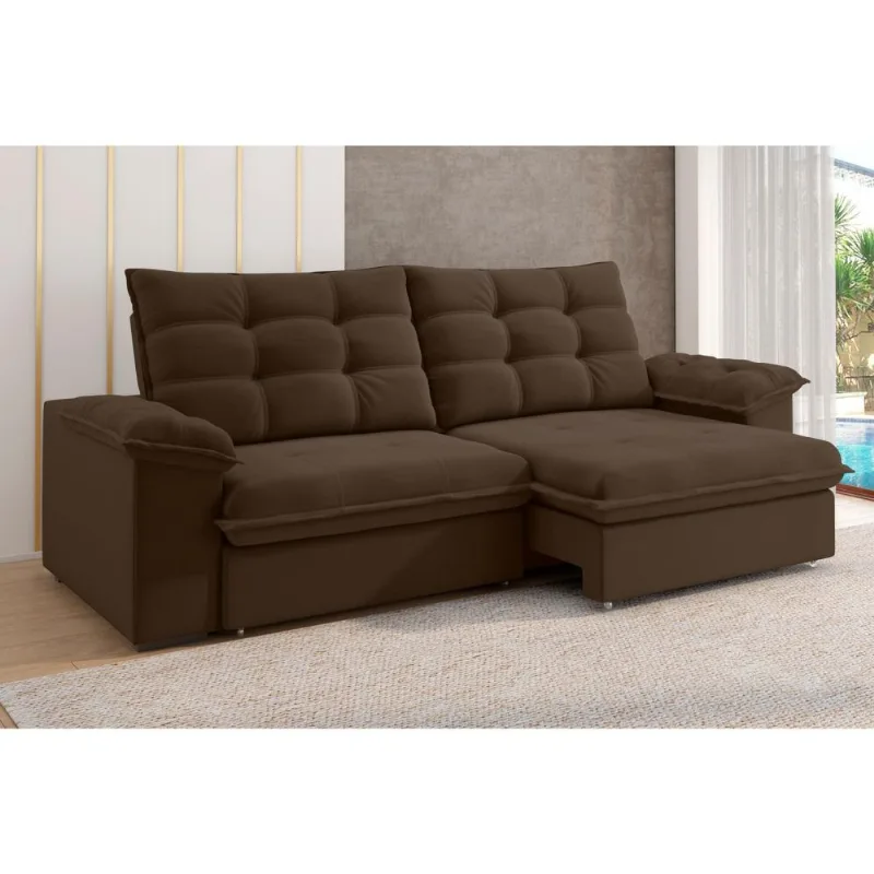 Sofá 5 Lugares Luizzi Puglia 250cm Retrátil Reclinável Veludo Marrom