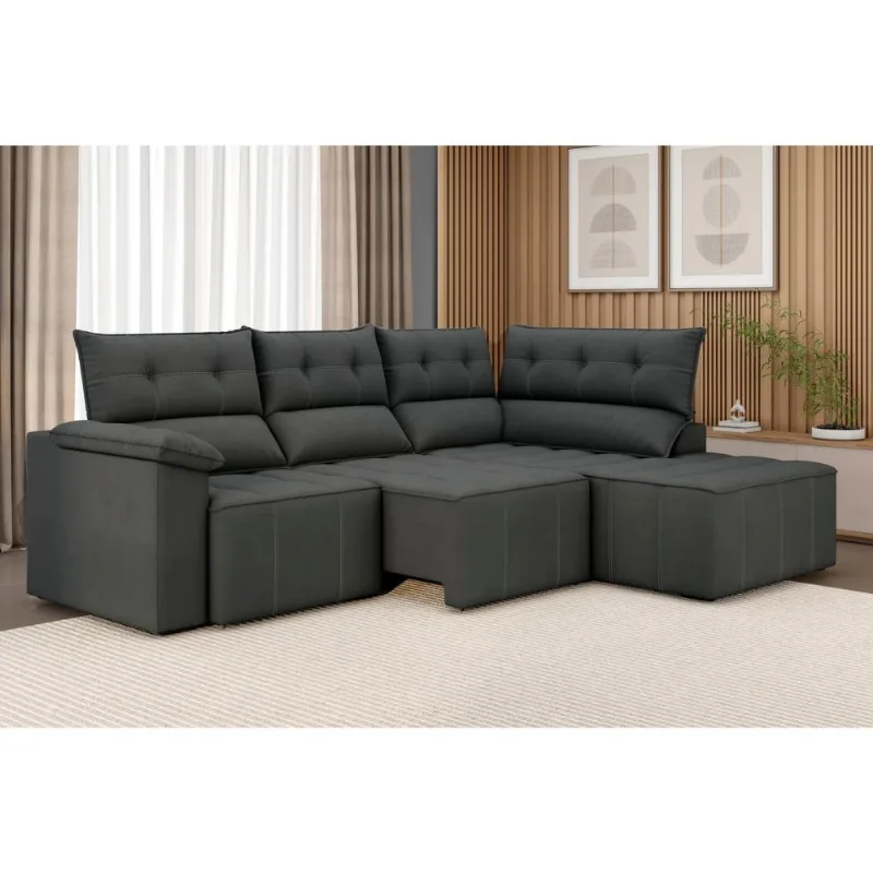 Sofá de Canto 5 Lugares Luizzi Santorini 230cm Retrátil Chaise Veludo Cinza