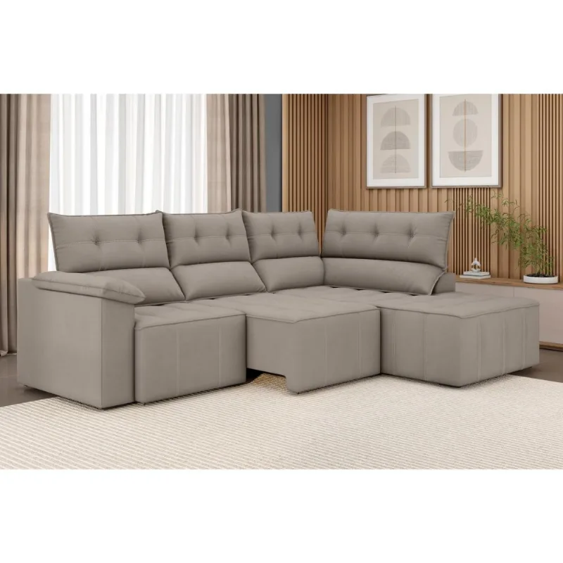 Sofá de Canto 5 Lugares Luizzi Santorini 230cm Retrátil Chaise Veludo Bege