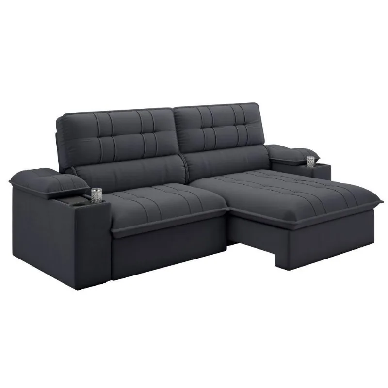 Sofá Retrátil E Reclinável 3 Lugares 2,10m Com Porta Copos Slim Stanley Cinza