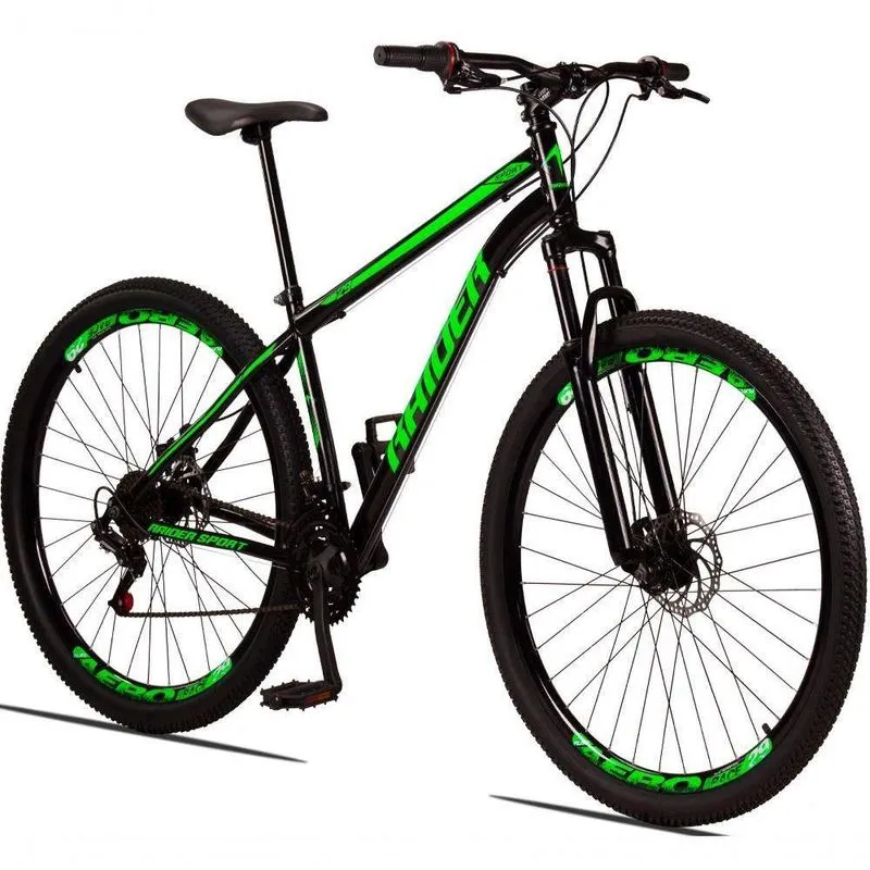 Bicicleta 29 Raider Sport Aço 21M Freio a Disco c/ Suspensão Preto+verde