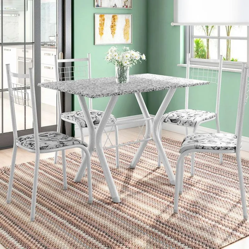 Conjunto de Mesa Miame com 4 Cadeiras Lisboa Branco Prata e Branco Floral